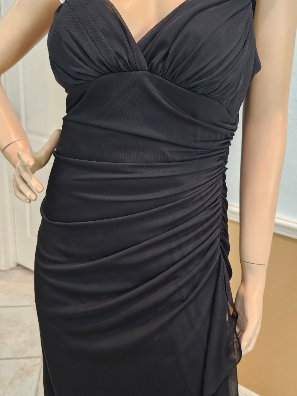 Betsy & Adam Vintage 90s Gown Black Size 14 Wedding Prom Stretch Ruched Waist - Picture 5 of 12